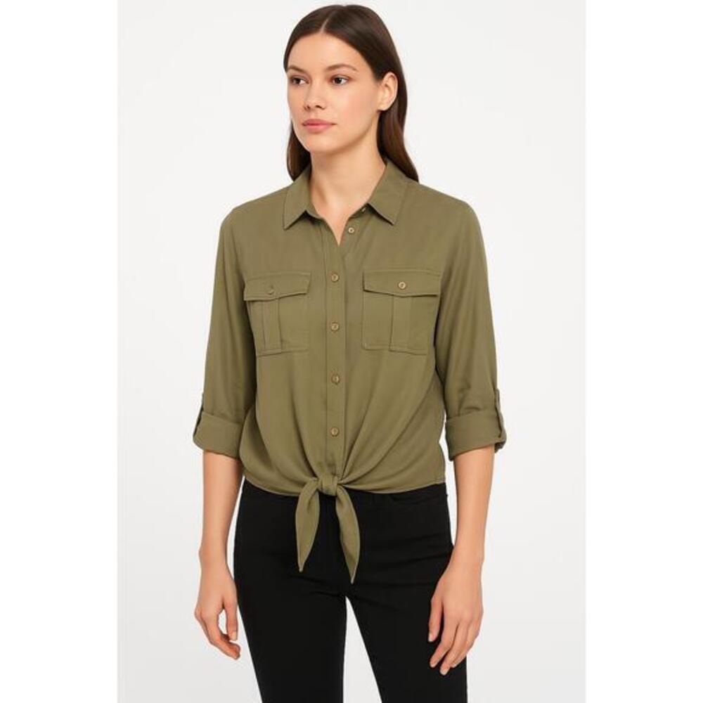Michael By Michael Kors Shirt Womens Sz S Olive Green Buttoned Tie Front Utility